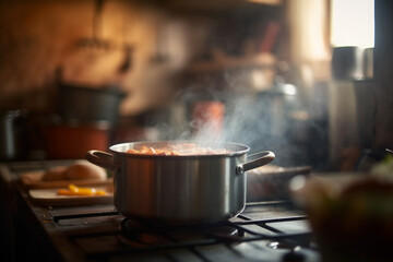 A blurred kitchen background with a pot of homemade soup simmering on the stove Generative AI