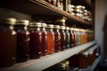 Blurred shelves filled with jars of homemade jams and preserves in a pantry Generative AI
