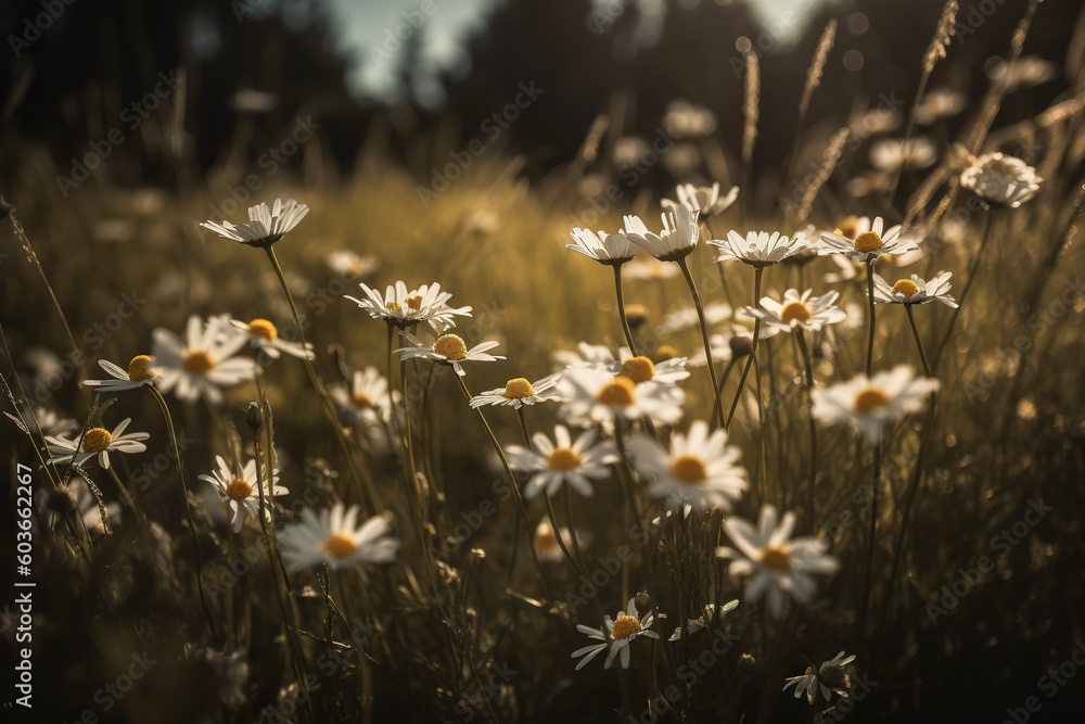 Poster a forest in the distance with a field full of white daisies in the front. generative ai