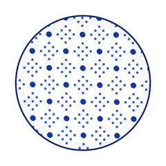 Porcelain plate with traditional blue on white design in Asian style. design pattern for background, plate, dish, bowl, lid, tray, salver, vector illustration art embroidery. circle and dots plate.