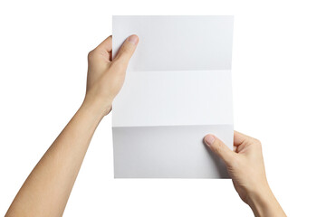 Hands holding a folded sheet of white paper, cut out