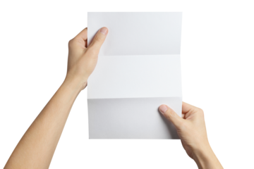 Hands holding a folded sheet of white paper, cut out