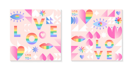 Fototapeta na wymiar Pride month pattern templates.LGBTQ+ community vector illustrations in bauhaus style with geometric elements and rainbow lgbt symbols.Human rights movement concept.Gay parade.Colorful cover designs.