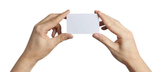 Hands holding a blank card or a ticket/flyer, cut out