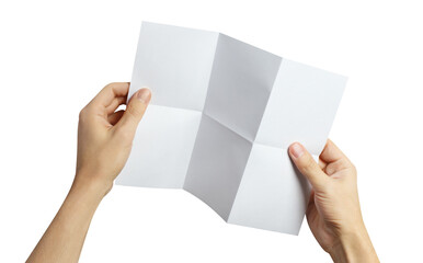 Hands holding a folded sheet of white paper, cut out