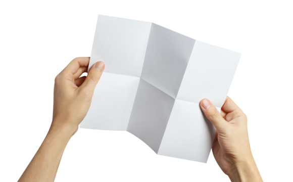 Hands holding a folded sheet of white paper, cut out - Powered by Adobe