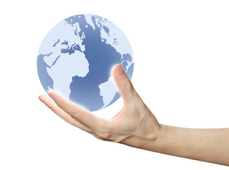 Hand holding model of the Earth, cut out