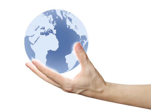 Hand holding model of the Earth, cut out