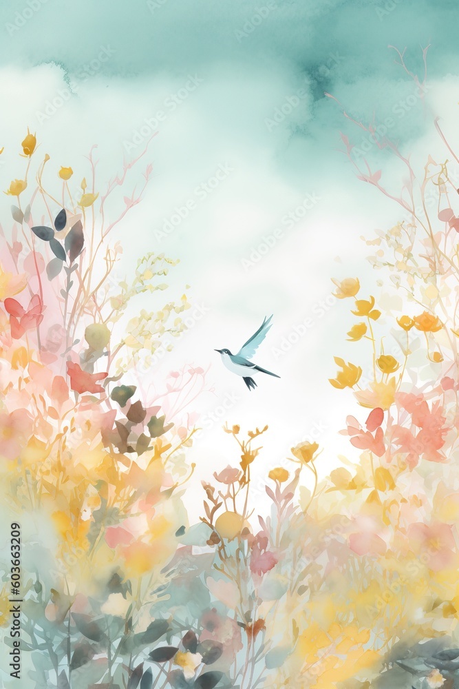 Poster an image depicting a bird in flight over a meadow filled with flowers generative ai