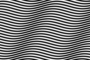 Black and white water wave stripes fabric pattern background vector. Abstract liquid wavy lines pattern. Horizontal optical illusion curve strips. Wall and floor ceramic tiles pattern.