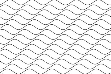 Black ocean wave lines fabric pattern on white background vector. Abstract water wavy stripes pattern. Horizontal optical illusion curve strips. Wall and floor ceramic tiles pattern.