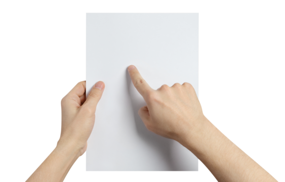 Hands holding and examining a sheet of paper, cut out