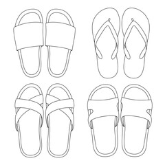 For coloring, an outline drawing in the form of different types of shoes flip flops slates slippers