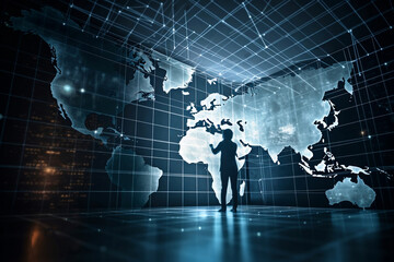 A man with a digital map of the world, user authentication system, technology and cybernetics, computer security system, cybersecurity, encryption, data protection, Generated AI