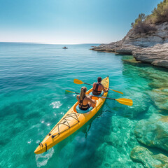 Couple kayaking in blue sea in vacations