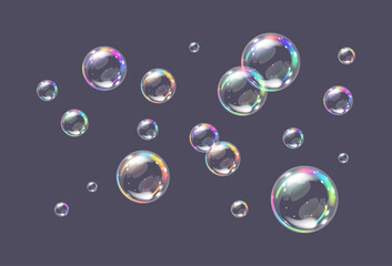 Group of different soap bubbles  with rainbow reflection on dark background. Colorful element, clip art illustration. Vector 