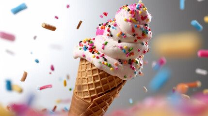An illustration of an ice cream cone with hundreds and thousands sprinkles falling on it against a white background. A.I. generated.
