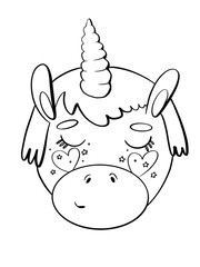 contour line illustration cartoon flat style childish character cute unicorn head close up sticker design element print media postcard