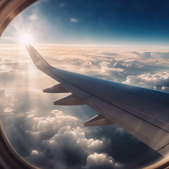 A wing of a plane is seen through the window of a plane Generative AI