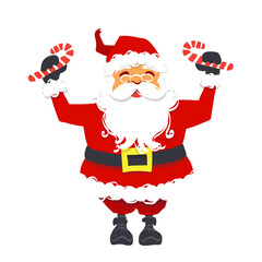 Happy Cheerful Cute Santa Claus holding candy canes in celebration of Christmas Season. Transparent Background. PNG File