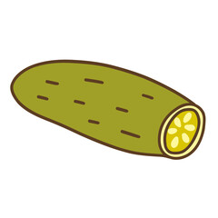 Green cucumber with the tip cut off. Useful tasty juicy seasonal vegetable. Raw eating. Colorful vector isolated illustration hand drawn with outline doodle