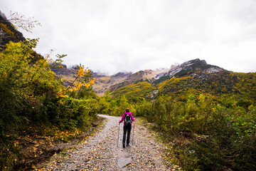 Fototapeta premium Young woman in autumn in Ordesa and Monte Perdido National Park, Spain