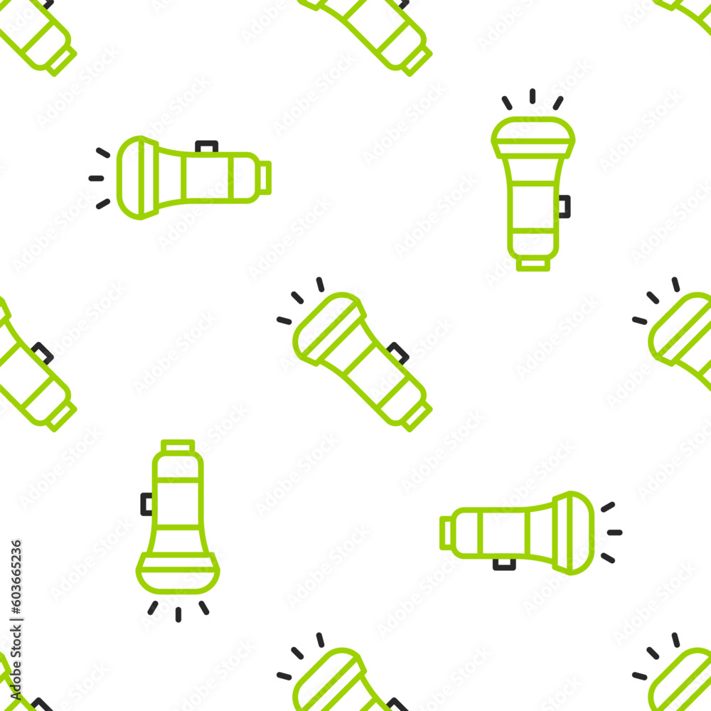 Poster line flashlight icon isolated seamless pattern on white background. vector