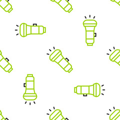 Line Flashlight icon isolated seamless pattern on white background. Vector
