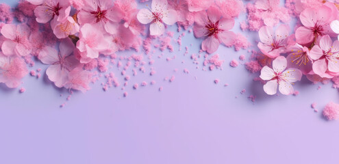 Blooming pink spring flowers on purple table with copy space
