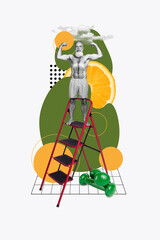 Vertical collage illustration of funky pensioner man upstairs show his sporty body biceps ready for summer isolated on white background