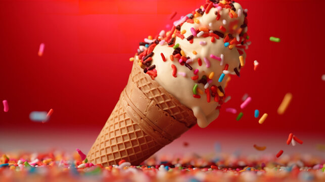 An Illustration Of An Ice Cream Cone With Hundreds And Thousands Sprinkles Falling On It Against A Red Background. A.I. Generated.
