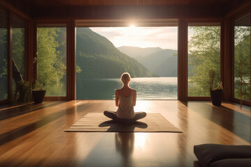 Woman meditating in minimalistic room with big window to the lake
