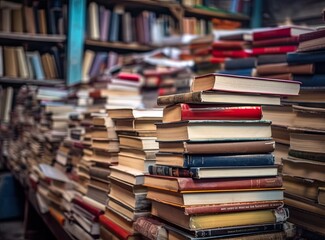 Blurred background of pile of books in the study room of high school, college, or university campus created with Generative AI technology