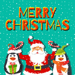 Merry Christmas Greetings from Santa Claus and Penguins. Happy cute editable vector characters.