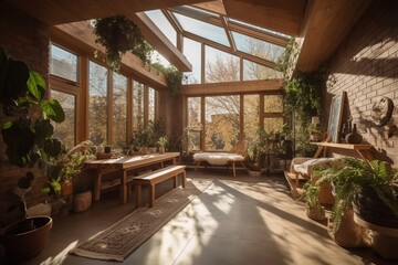 Biophilic interior design. A room flooded with sunlight with large windows and lots of green plants in the background of the autumn landscape. generative ai