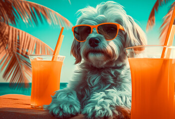Cool relaxing dog with sunglasses on beach vacation drinking fruity orange cocktail