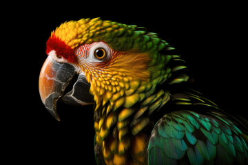 Portrait of vibrant colorful macaw parrot isolated on black background
