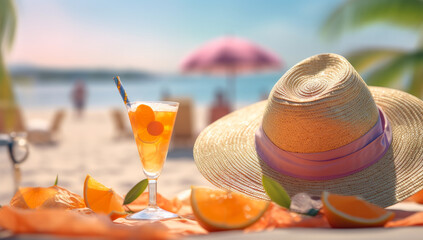 A refreshing juicy beverage and a summer hat in front of a sandy beach