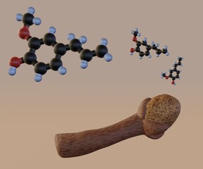 Clove buds and Eugenol molecule. The distinctive clove smell is produced by the compound of eugenol 3d rendering