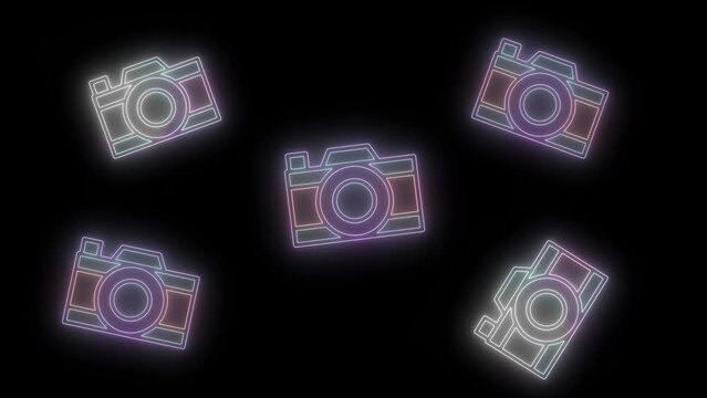 multiple neon camera take photo rotation black background holiday travel icon glowing