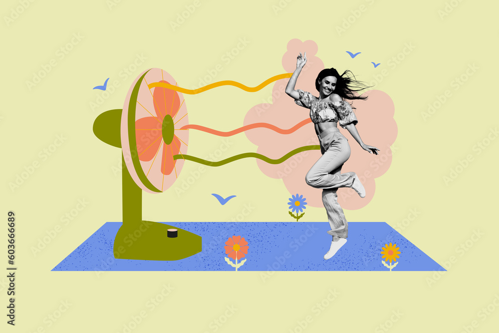 Sticker Creative collage image of black white effect mini girl dancing enjoy cooling fan fresh air blow painted flying birds flowers