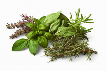 Flavorful aromatic herbs for garnishing isolated on white background, Generative AI