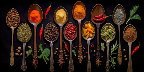 Various herbs, spices and seasoning - organic peppercorn, paprika, curry, chili, Generative AI