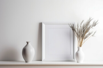 Empty square frame mockup with two vases in minimalist interior