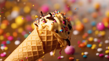 An illustration of an ice cream cone with hundreds and thousands sprinkles falling on it. A.I. generated.
