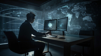 A man with a digital map of the world, user authentication system, technology and cybernetics, computer security system, cybersecurity, encryption, data protection, Generated AI