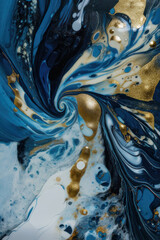 Abstract vertical background in fluid art style. Blue, white and gold acrylic paint. AI generative.
