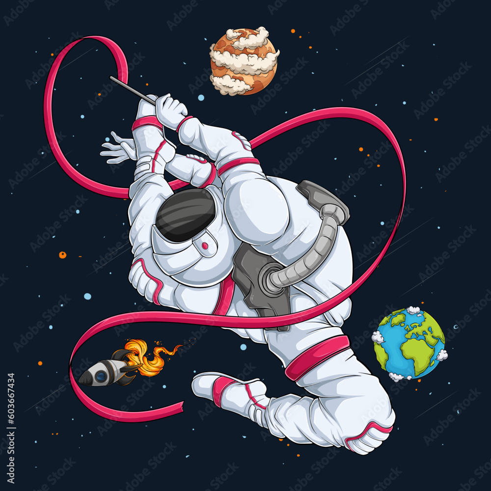 Wall mural hand drawn gymnastics astronaut in spacesuit, baton twirling outer space over rocket and planets