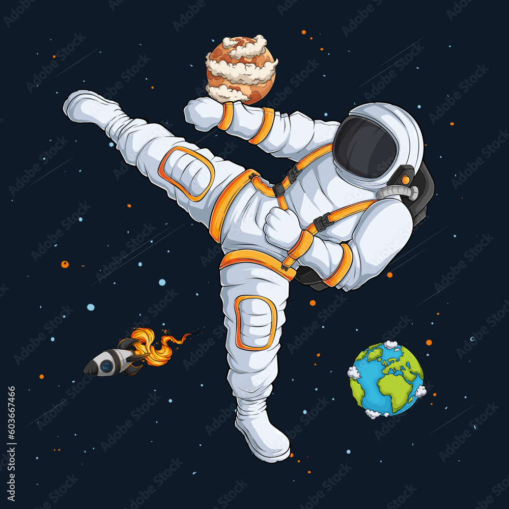 Wall mural hand drawn karate or kickboxing astronaut in spacesuit doing a fly kick ,martial arts outer spaceman