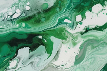 Abstract background in fluid art style. Green and white acrylic paint. AI generative.